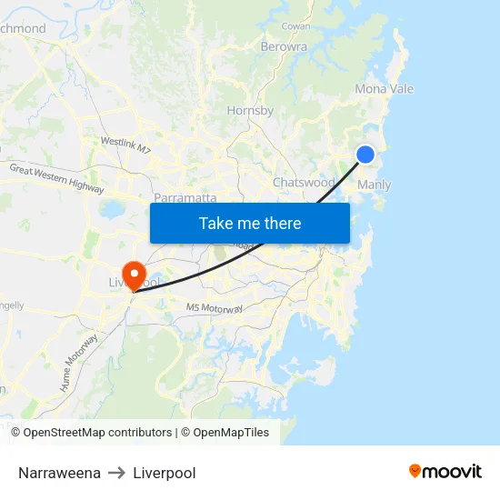Narraweena to Liverpool map