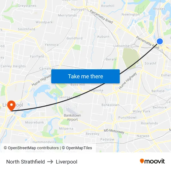 North Strathfield to Liverpool map