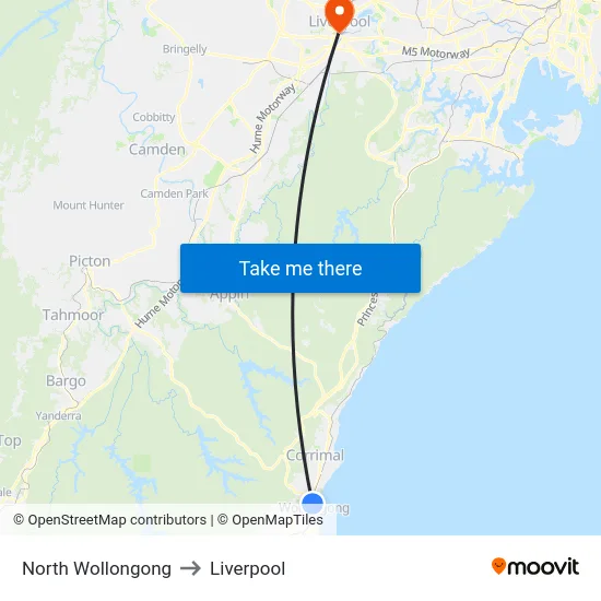 North Wollongong to Liverpool map