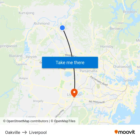 Oakville to Liverpool map
