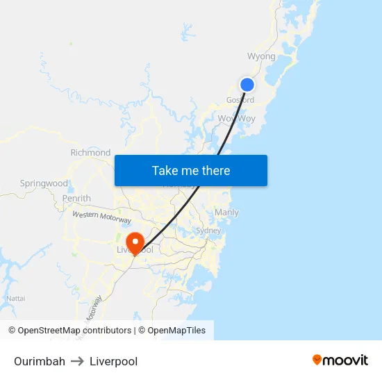 Ourimbah to Liverpool map