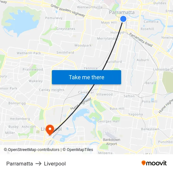 Parramatta to Liverpool map