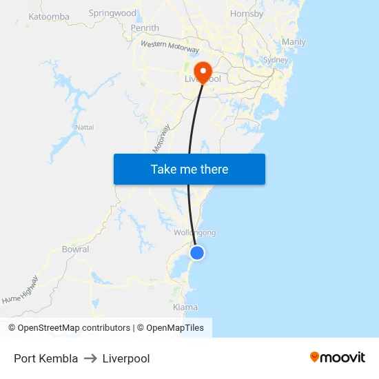 Port Kembla to Liverpool map