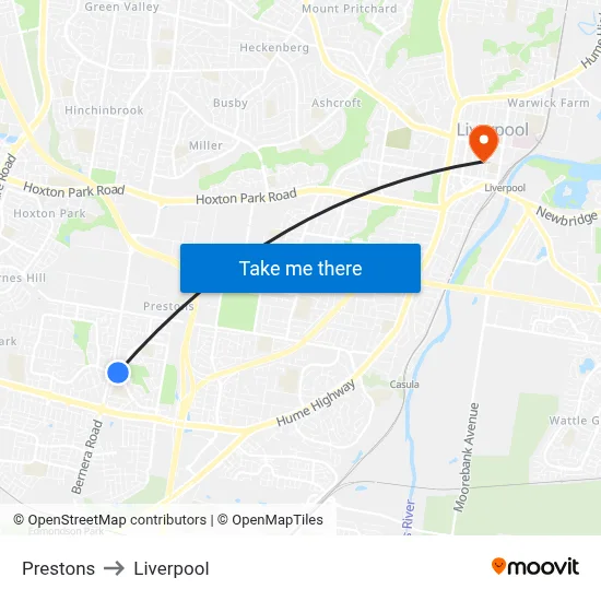 Prestons to Liverpool map