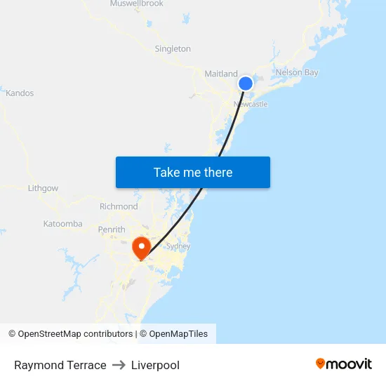 Raymond Terrace to Liverpool map