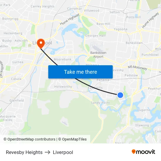 Revesby Heights to Liverpool map