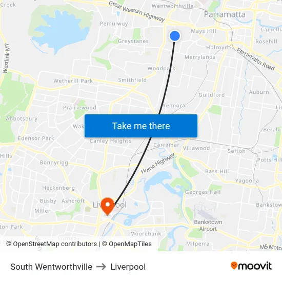 South Wentworthville to Liverpool map