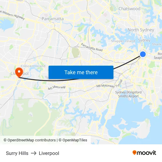 Surry Hills to Liverpool map