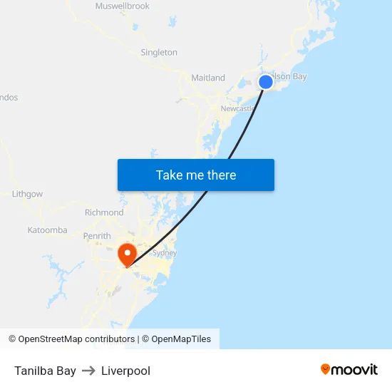 Tanilba Bay to Liverpool map