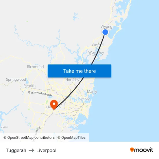 Tuggerah to Liverpool map