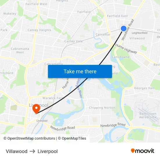 Villawood to Liverpool map