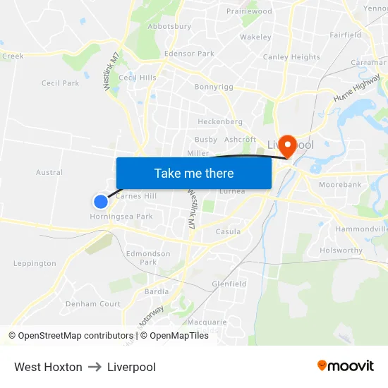 West Hoxton to Liverpool map