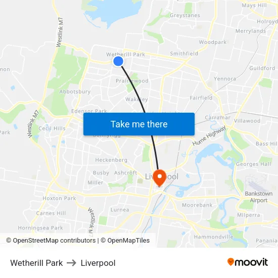 Wetherill Park to Liverpool map