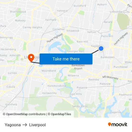 Yagoona to Liverpool map