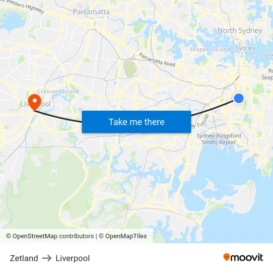 Zetland to Liverpool map