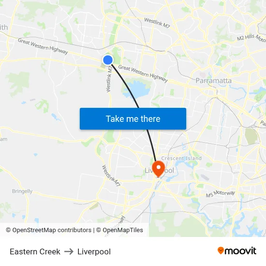 Eastern Creek to Liverpool map