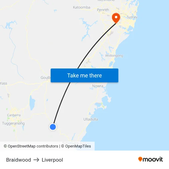 Braidwood to Liverpool map