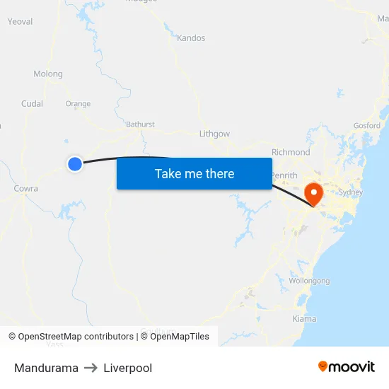 Mandurama to Liverpool map