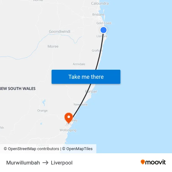 Murwillumbah to Liverpool map