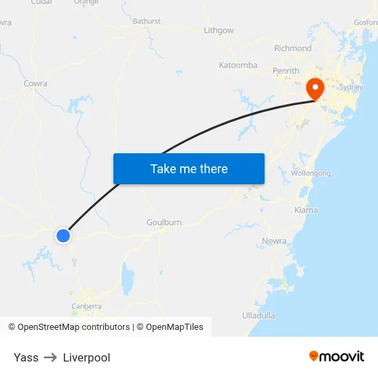 Yass to Liverpool map