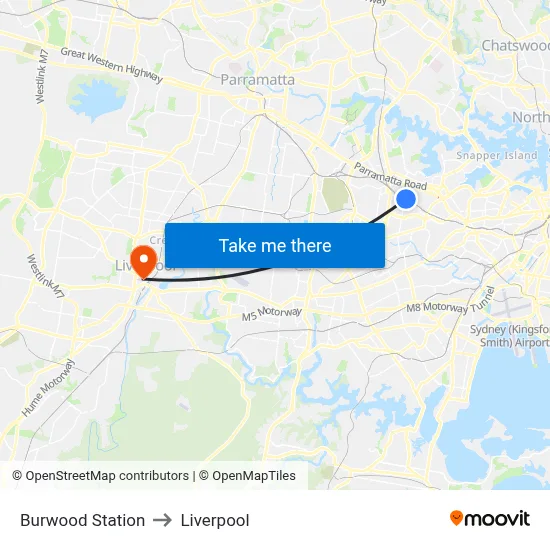 Burwood Station to Liverpool map