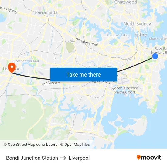 Bondi Junction Station to Liverpool map
