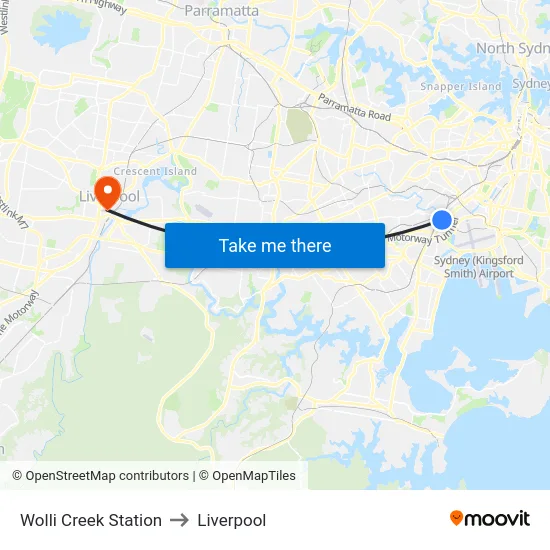 Wolli Creek Station to Liverpool map