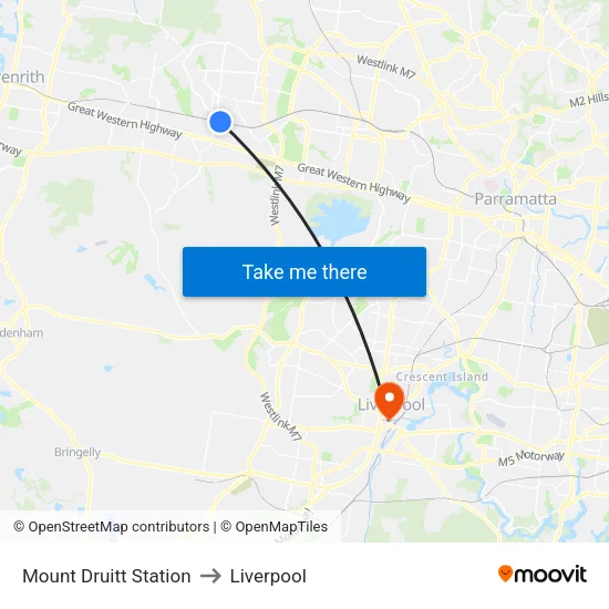 Mount Druitt Station to Liverpool map