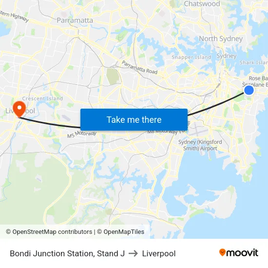 Bondi Junction Station, Stand J to Liverpool map