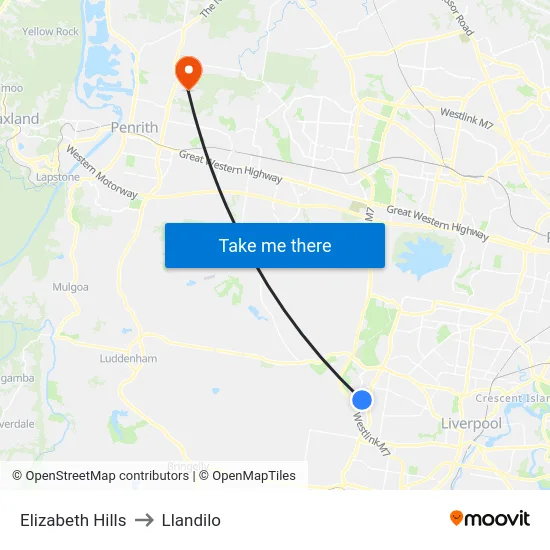 Elizabeth Hills to Llandilo map