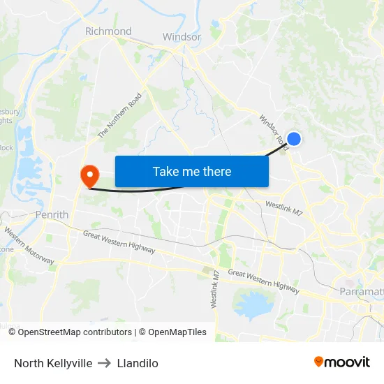 North Kellyville to Llandilo map