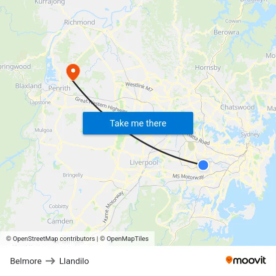 Belmore to Llandilo map