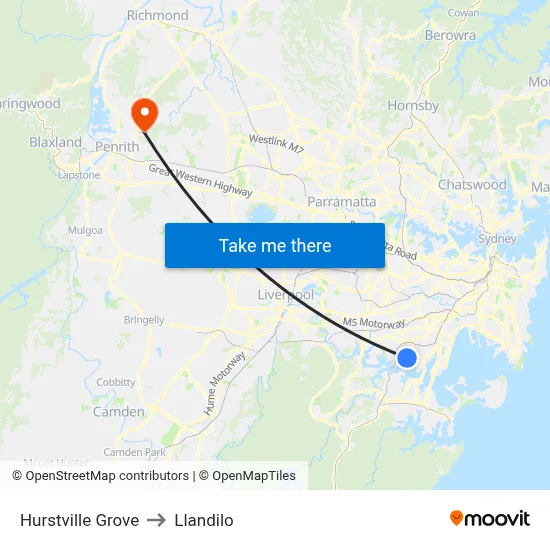 Hurstville Grove to Llandilo map