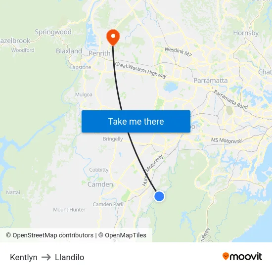 Kentlyn to Llandilo map