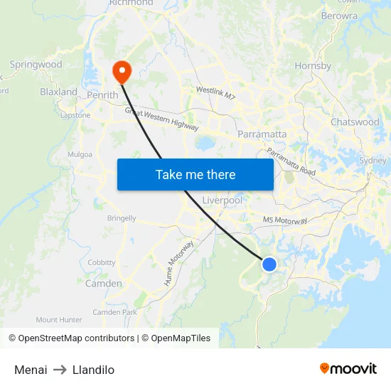 Menai to Llandilo map