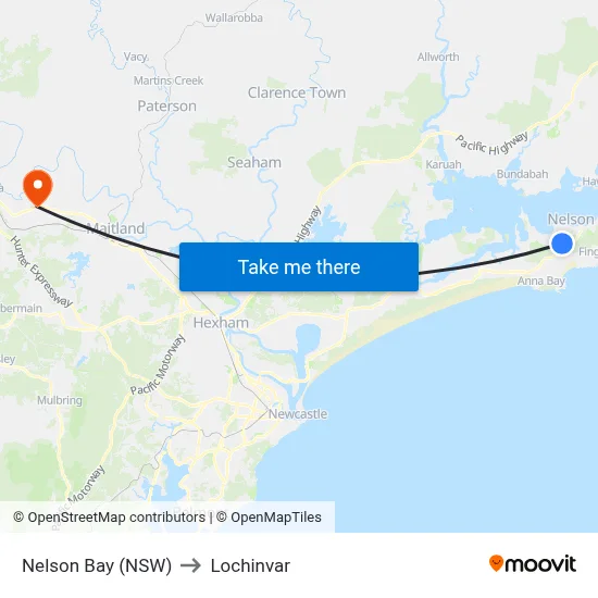Nelson Bay (NSW) to Lochinvar map