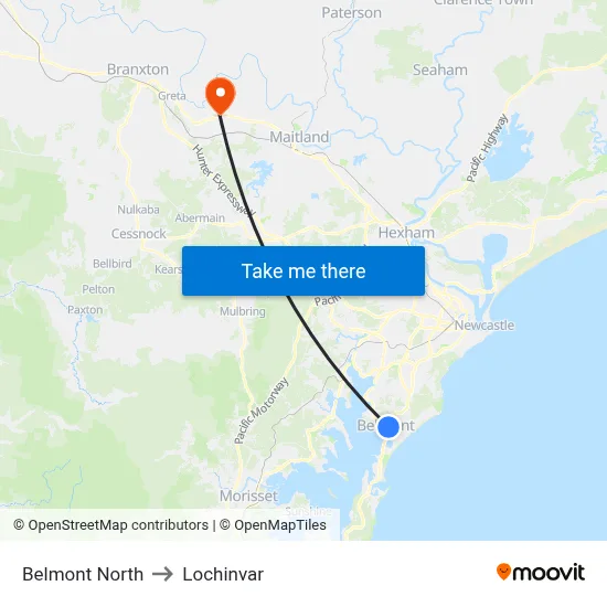 Belmont North to Lochinvar map