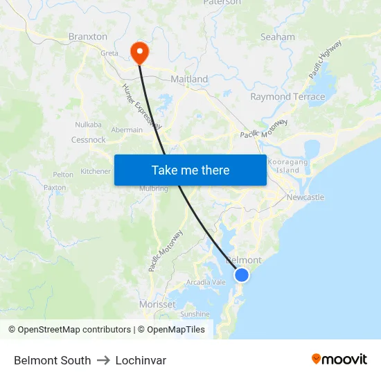 Belmont South to Lochinvar map