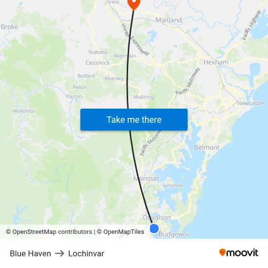 Blue Haven to Lochinvar map