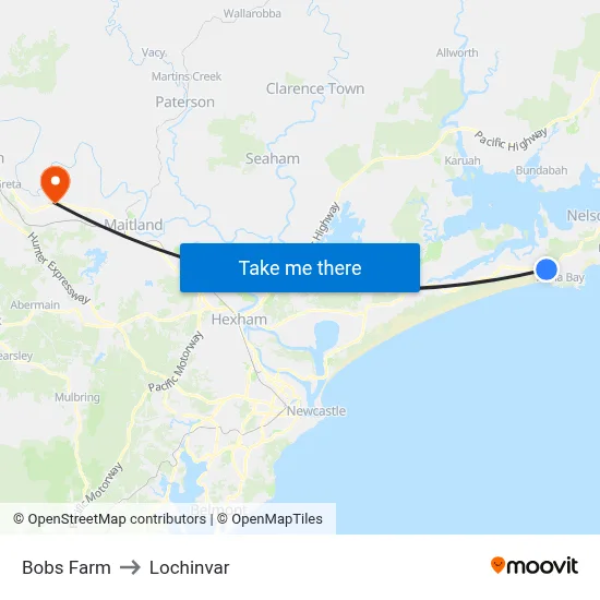 Bobs Farm to Lochinvar map
