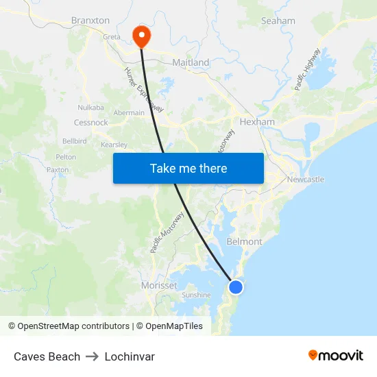 Caves Beach to Lochinvar map