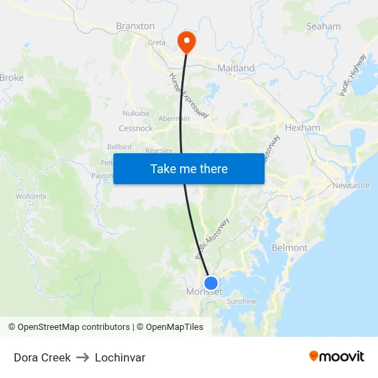 Dora Creek to Lochinvar map