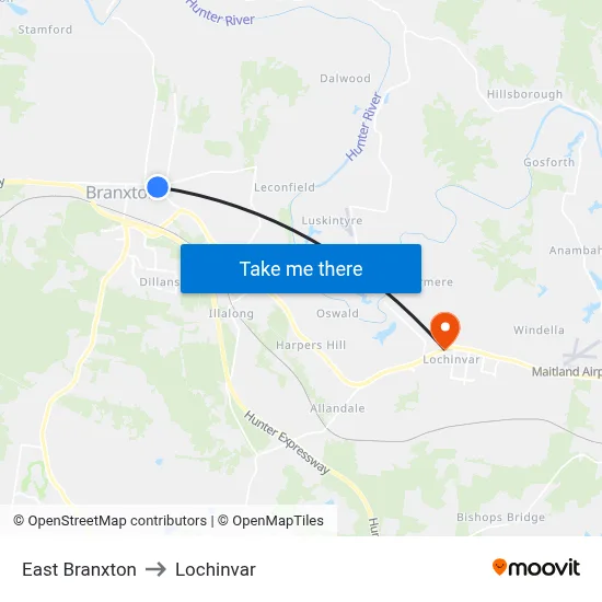 East Branxton to Lochinvar map