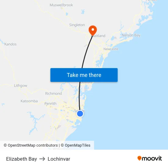 Elizabeth Bay to Lochinvar map