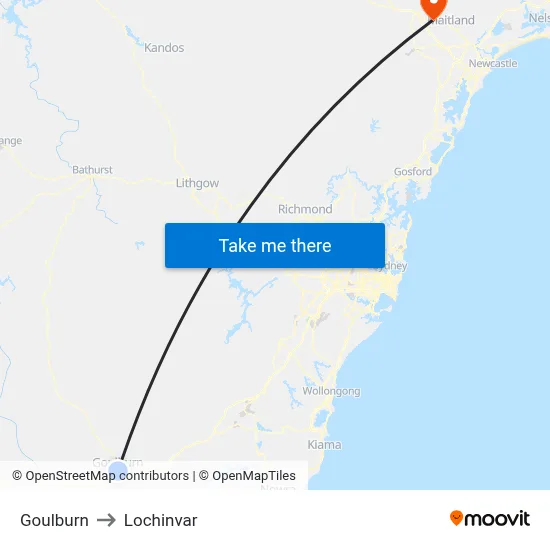 Goulburn to Lochinvar map