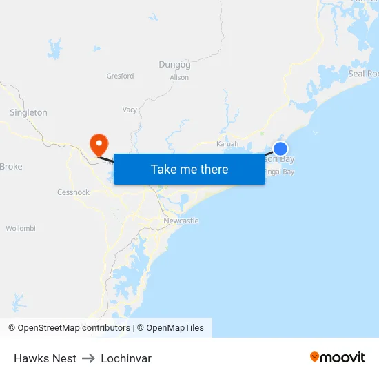 Hawks Nest to Lochinvar map