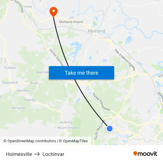 Holmesville to Lochinvar map