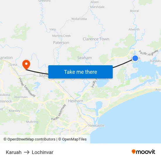 Karuah to Lochinvar map