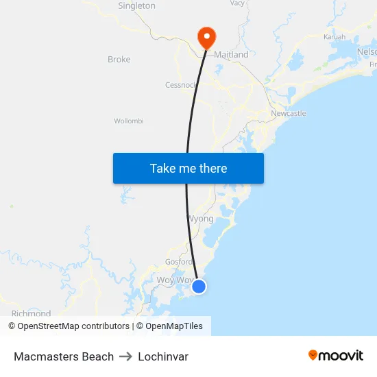 Macmasters Beach to Lochinvar map