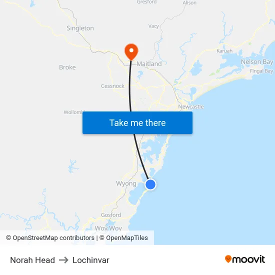Norah Head to Lochinvar map